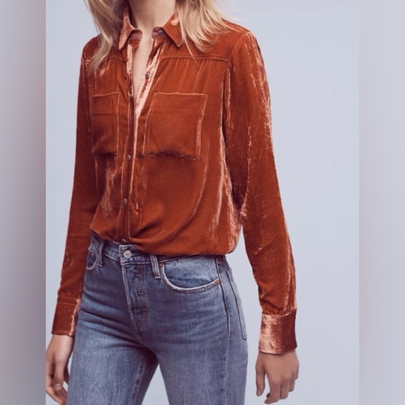 Anthropologie Holding Horses Rust Orange Crushed Velvet Silk Button Down Size S - Picture 7 of 15